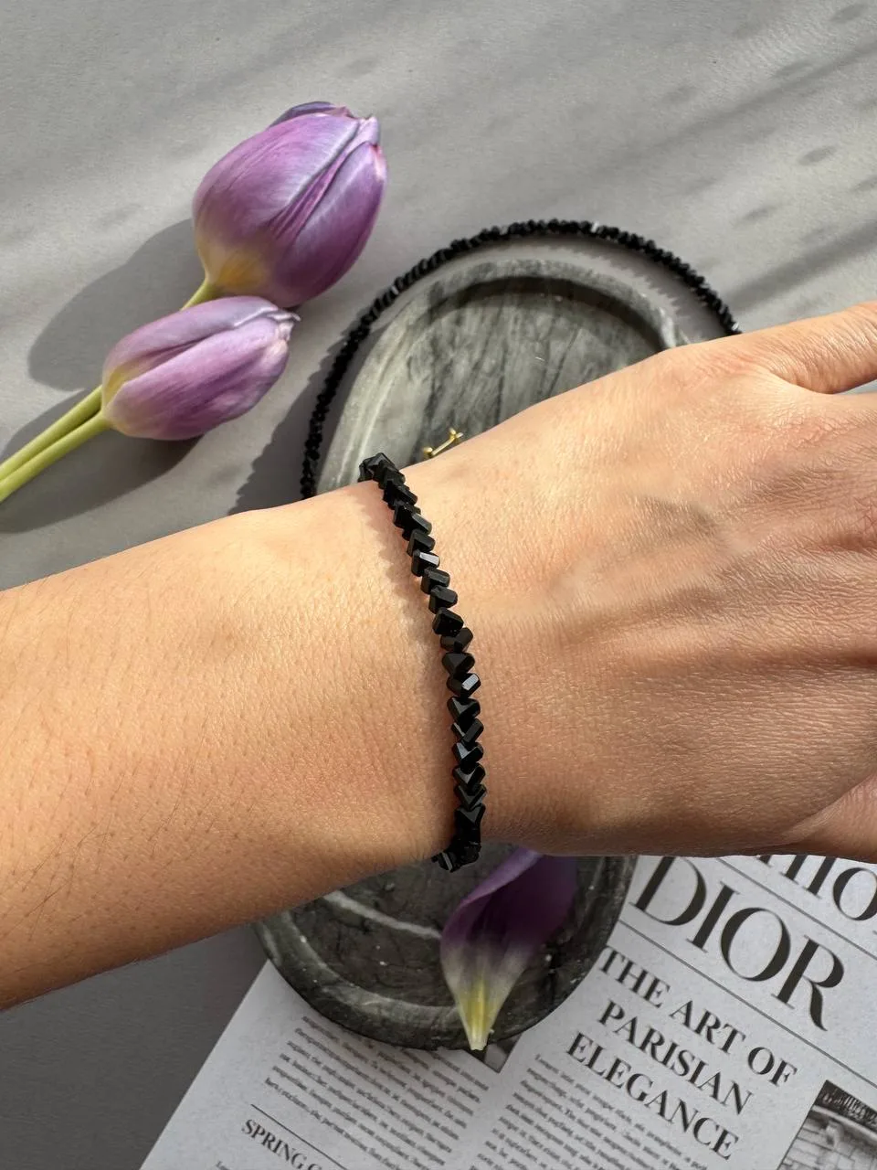 Black Crystal Heart Bead Bracelet