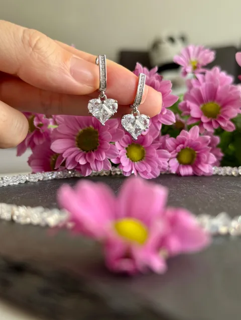 Silver-Tone Heart Crystal Drop Earrings