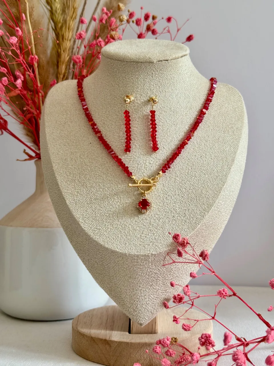 Red Crystal Necklace and Earrings Set