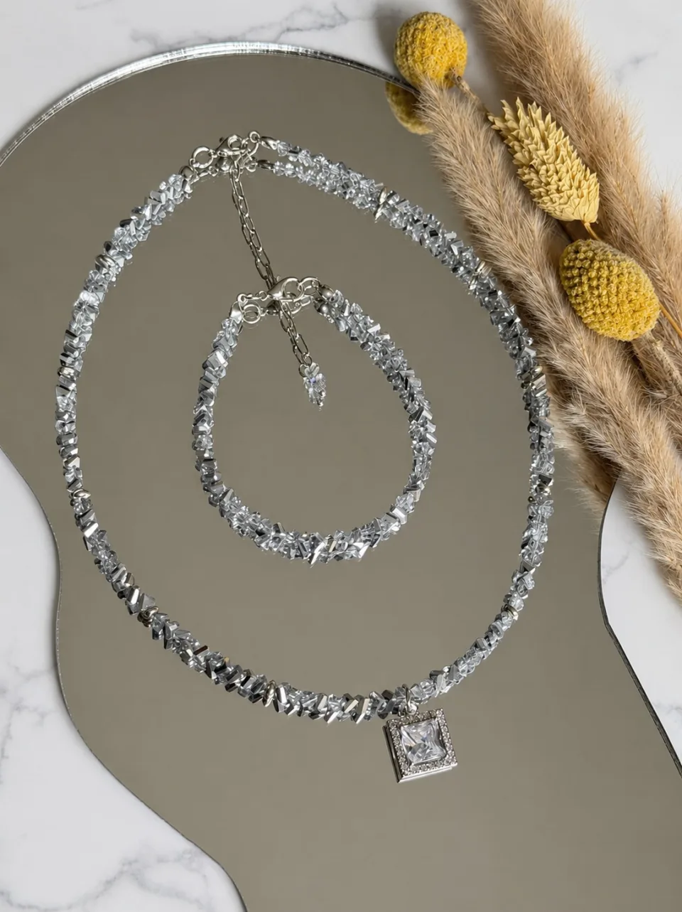 Clear Faceted Bead Necklace and Bracelet Set
