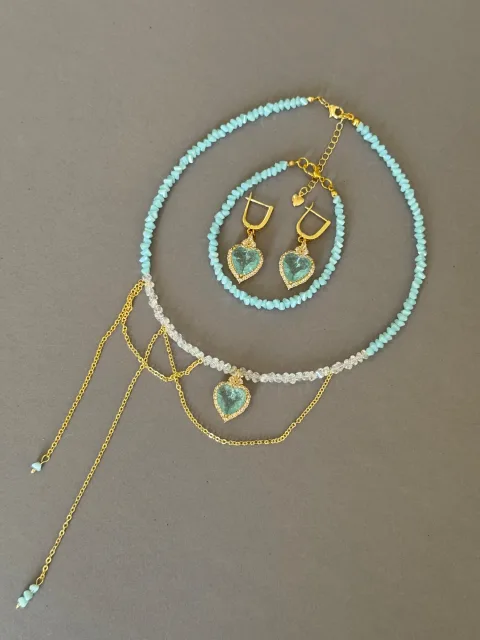 Aqua Heart Necklace, Bracelet and Earrings Set