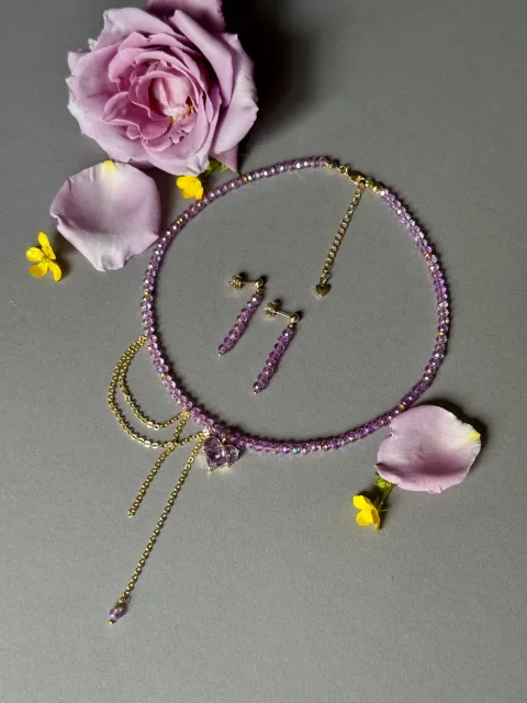 Lilac Bead Necklace and Earrings Set with Heart
