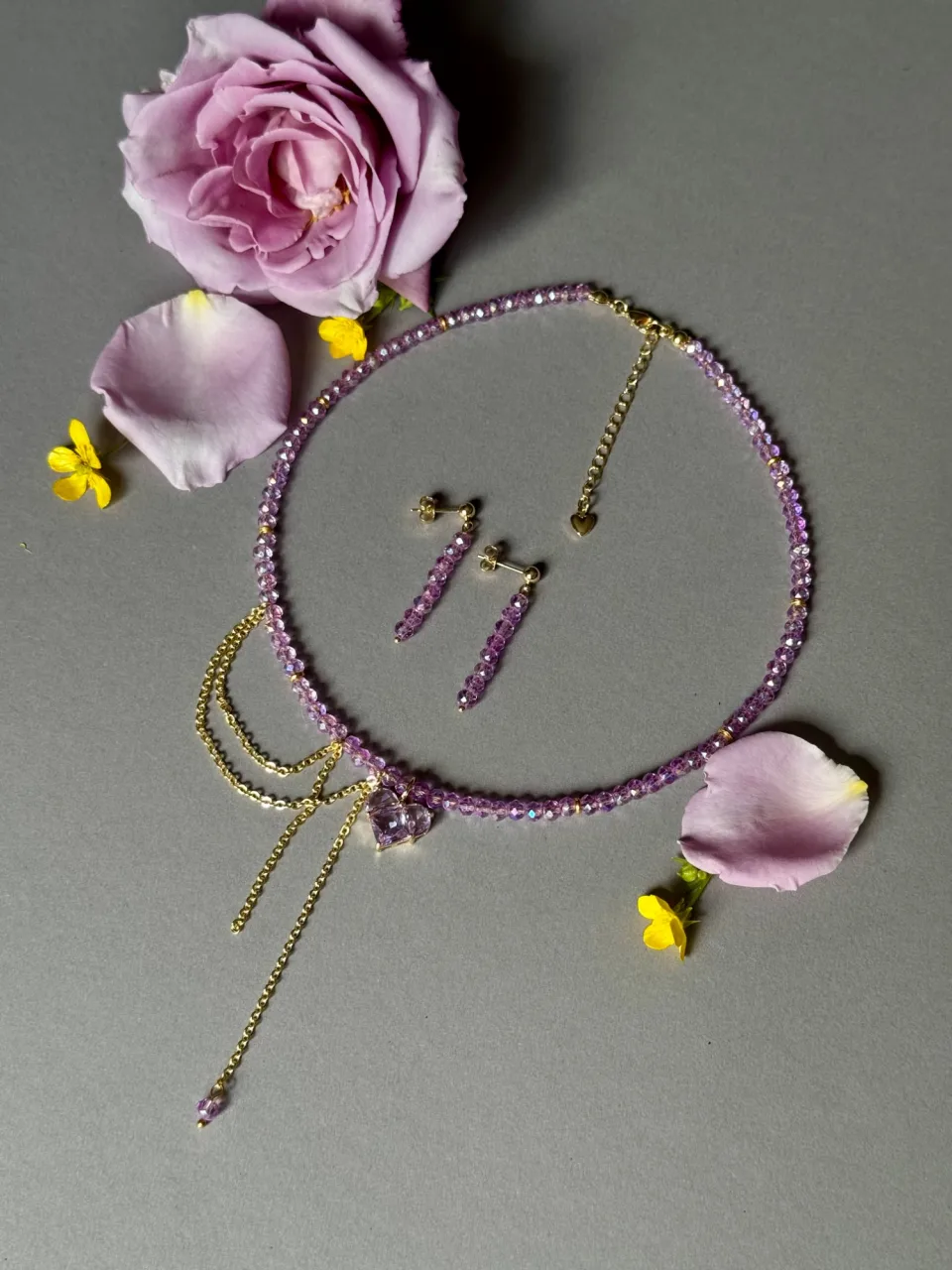 Lilac Bead Necklace and Earrings Set with Heart