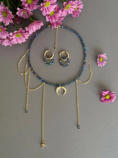 Blue Crystal Bead Choker Necklace and Earrings Set