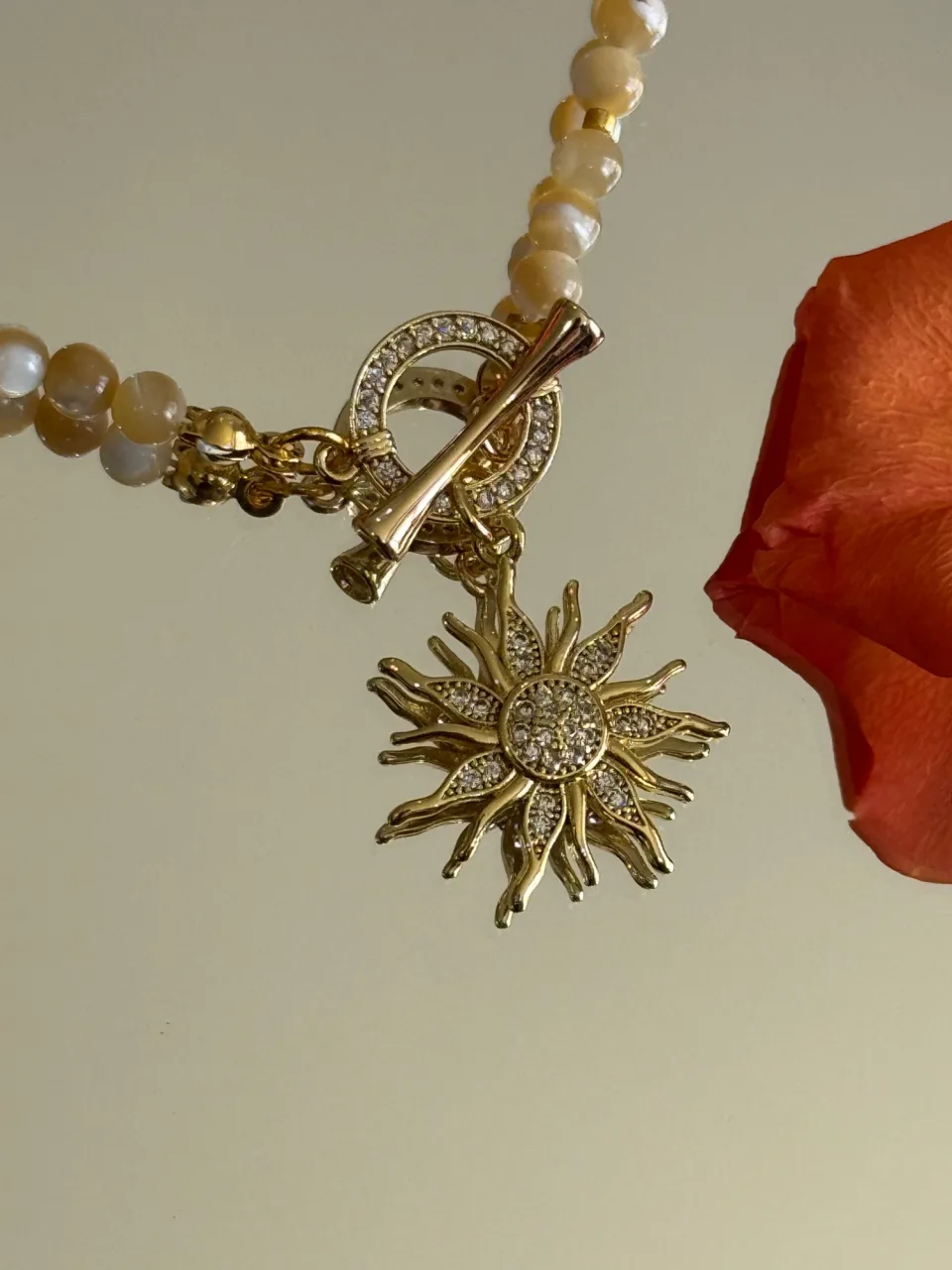 Cream Bead Necklace and Earrings Set with Sun