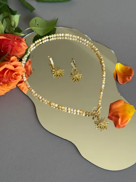 Cream Bead Necklace and Earrings Set with Sun