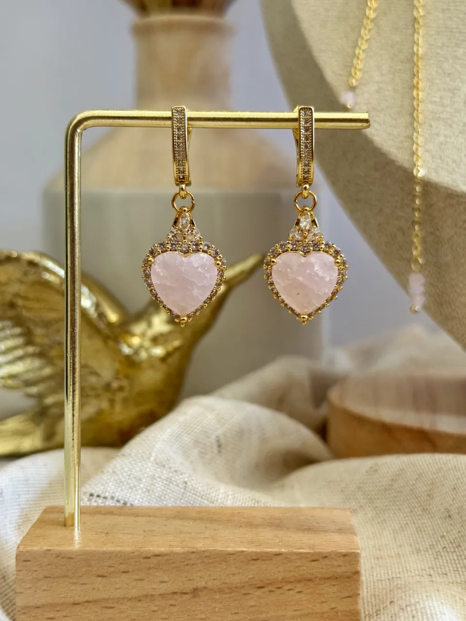 Pink Heart Drop Earrings with Crystal Details