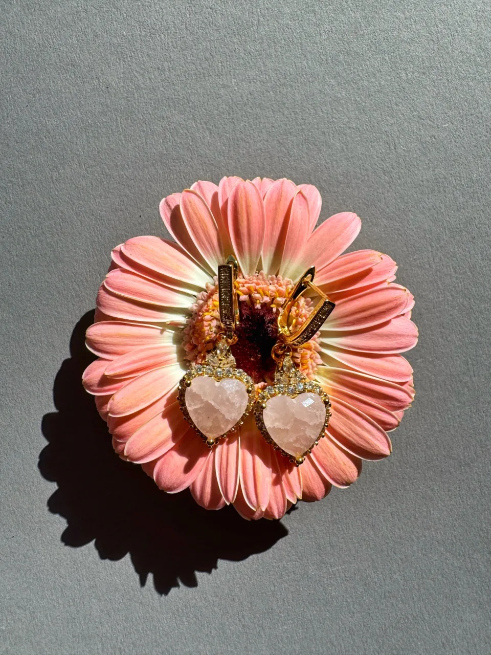 Pink Heart Drop Earrings with Crystal Details