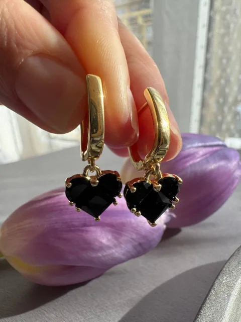 Black Heart Drop Huggie Earrings