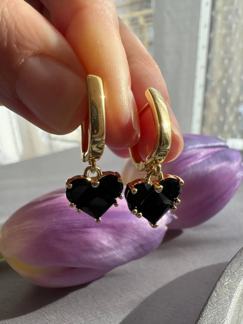 Black Heart Drop Huggie Earrings