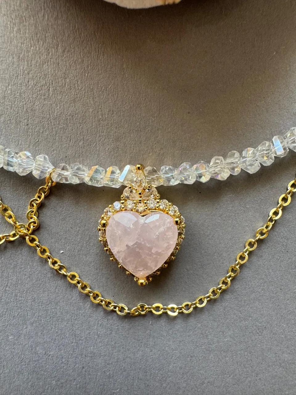 Pink Heart Pendant Layered Chain Necklace
