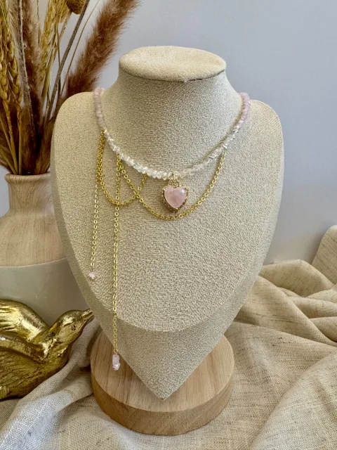 Pink Heart Pendant Layered Chain Necklace