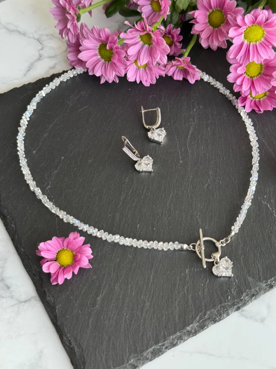 Clear Bead Necklace and Earrings Set with Hearts