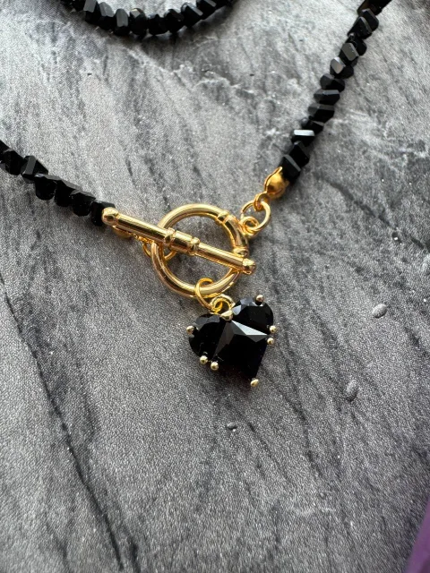 Black Bead Necklace with Gold Toggle and Heart