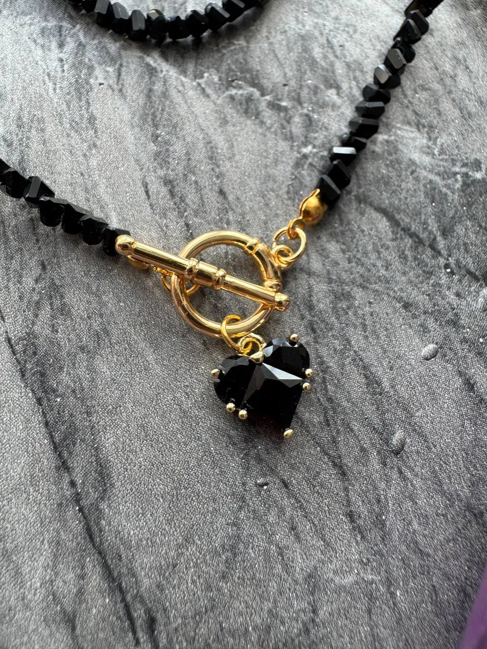 Black Bead Necklace with Gold Toggle and Heart