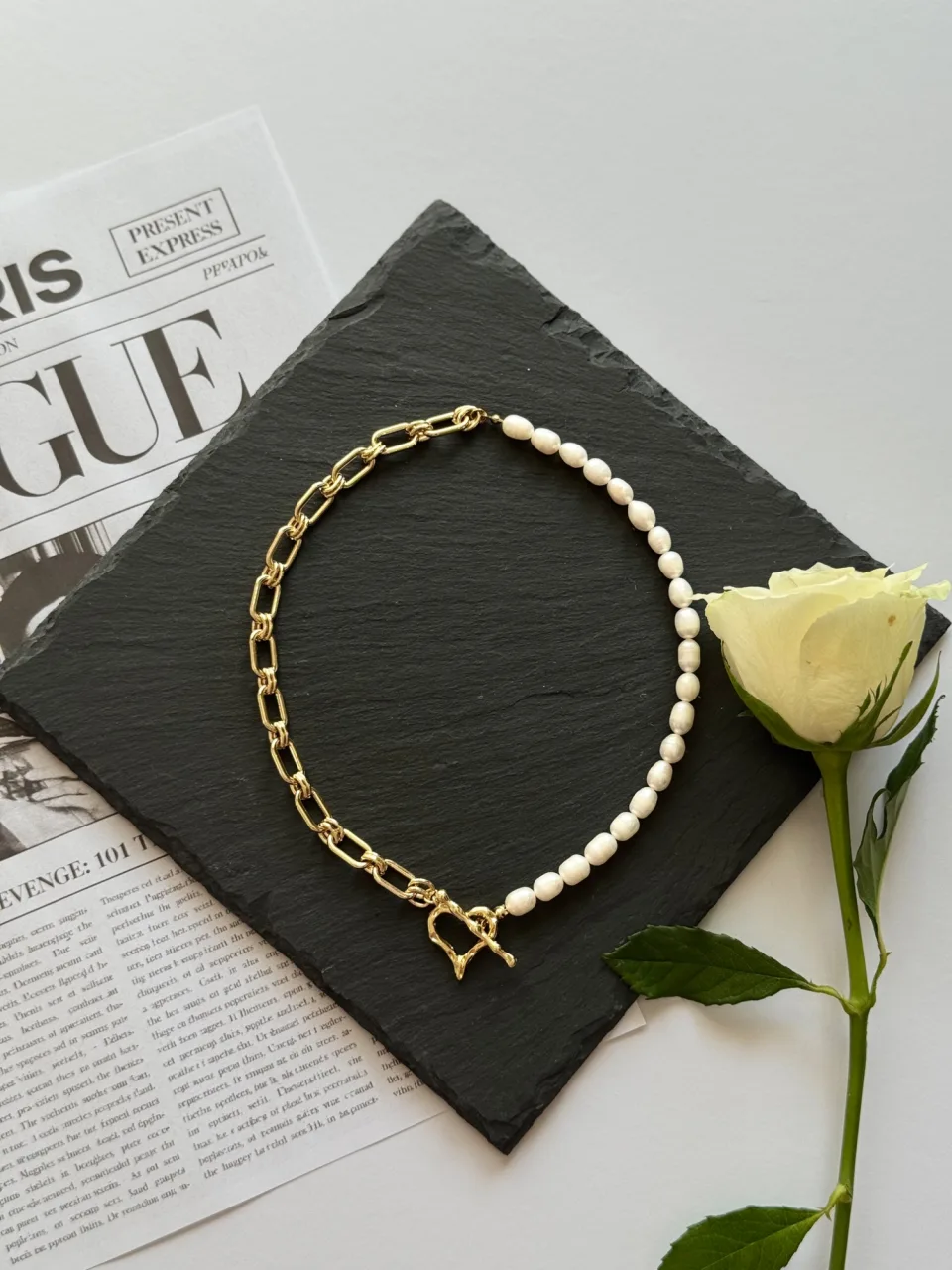 Pearl and Gold-Tone Chain Necklace with Heart Toggle