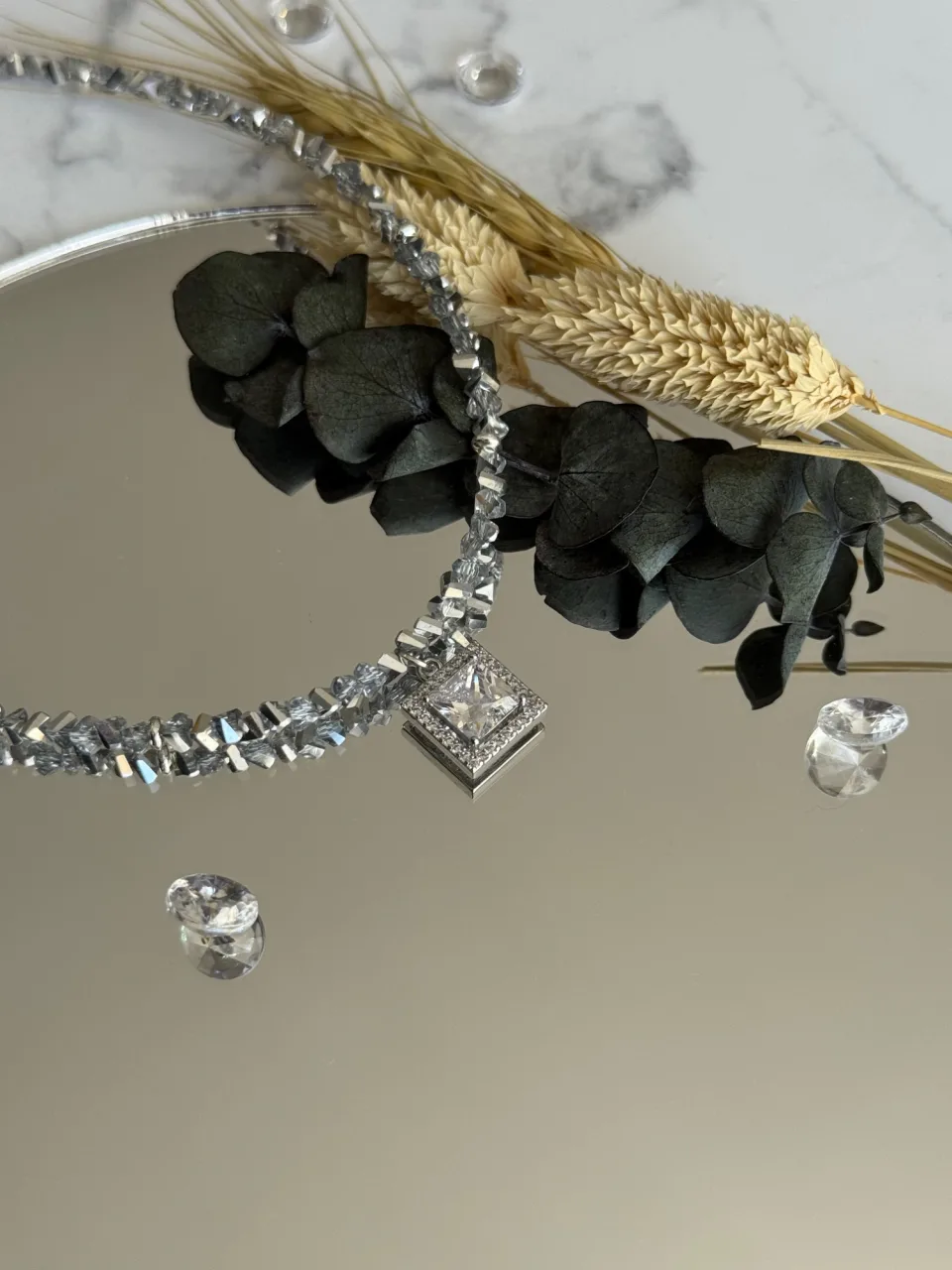 Silver-Tone Crystal Necklace with Square Pendant