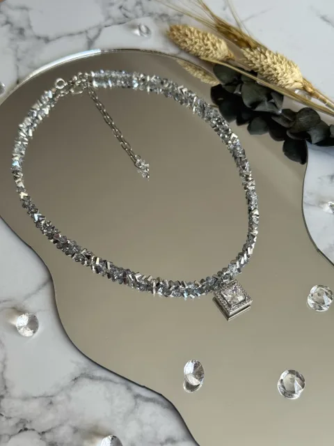 Silver-Tone Crystal Necklace with Square Pendant